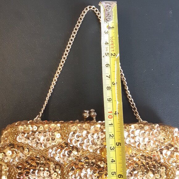 Vintage Gold Sequined Evening Kiss Lock Handbag /Clutch w/ Chain -6.5 x 5 inches - Picture 9 of 11